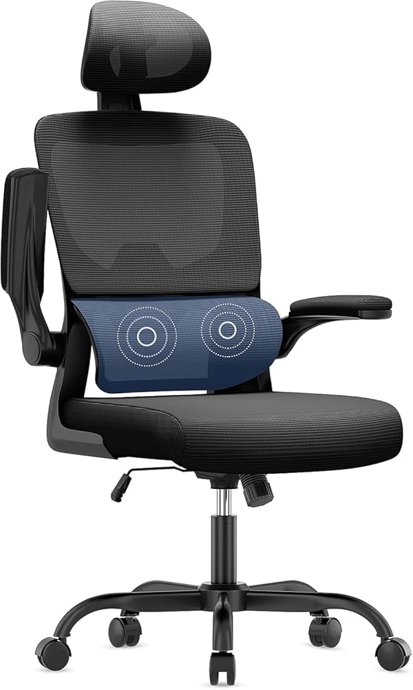 naspaluro Bürostuhl Ergonomischer, Schreibtischstuhl mit Hochklappbaren Armlehnen, Dynamischer Lordosenstütze, Höhenverstellbarer Bürostuhl mit 120° Wippfunktion, Upgrade Schwarz
