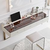 homary 47&rdquo; Floating Makeup Vanity with Drawers, Wall Mounted Vanity Desk with Tempered Glass Top, Modern Faux Leather Vanity Table for Bedroom, Dressing Room, Small Spaces