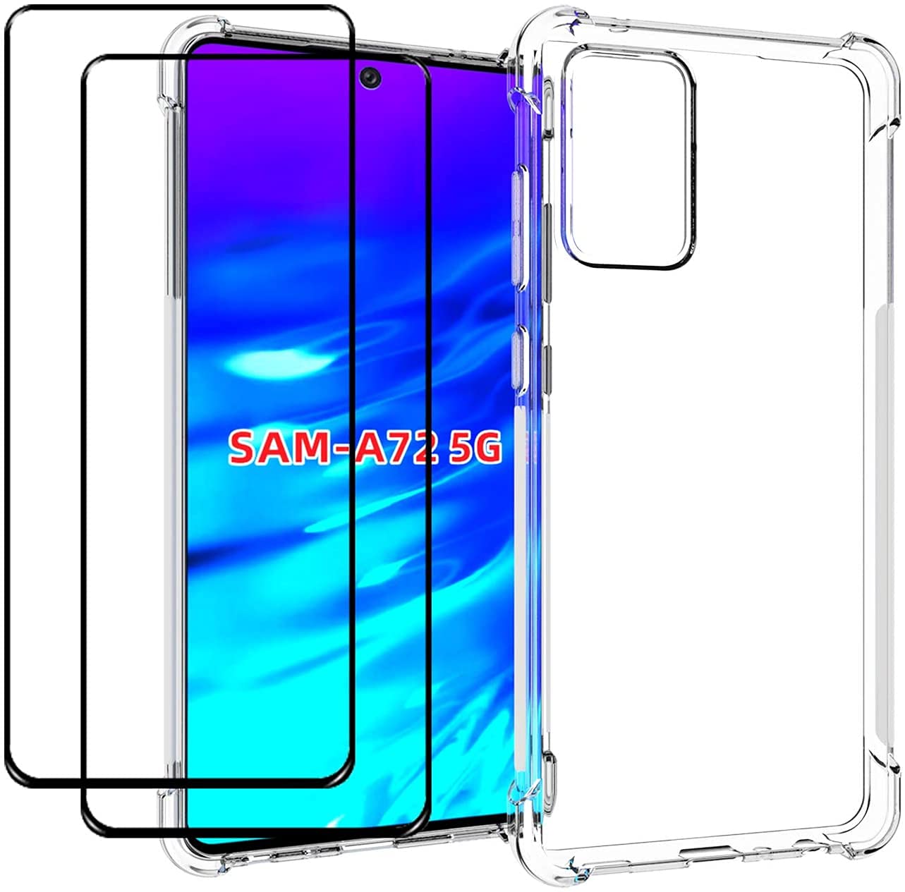 Muzz Galaxy A72 5G Case with Tempered Glass (2 Pieces) Slim Shock Absorption TPU Soft Edge Bumper with Reinforced Corners Transparent Protective Case Cover For Galaxy A72 5G