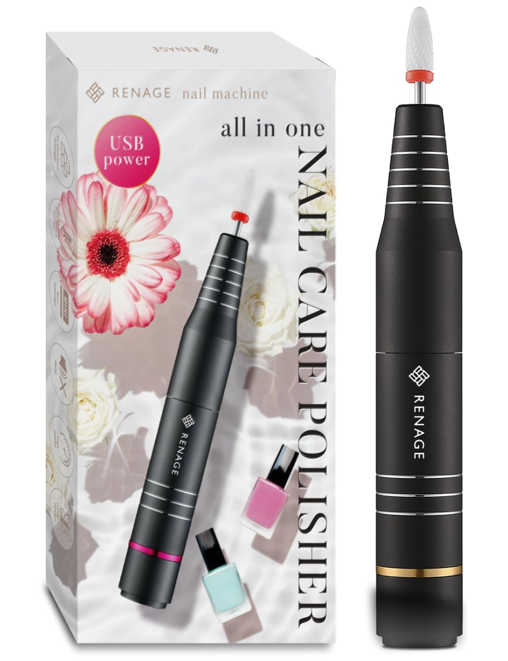 RENAGE ネイリストYoutuberが監修 ネイルマシン ジェルネイル オフ 電動ネイルマシン リムーバー ビット ネイルケア 爪磨き 甘皮処理 セルフ 正逆回転 USB給電 セルフオフ サロン プロ仕様 ブラック商品画像