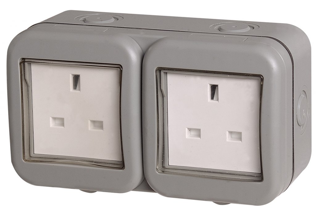 Weatherproof IP55 rated outdoor 2 gang unswitched electrical socket.