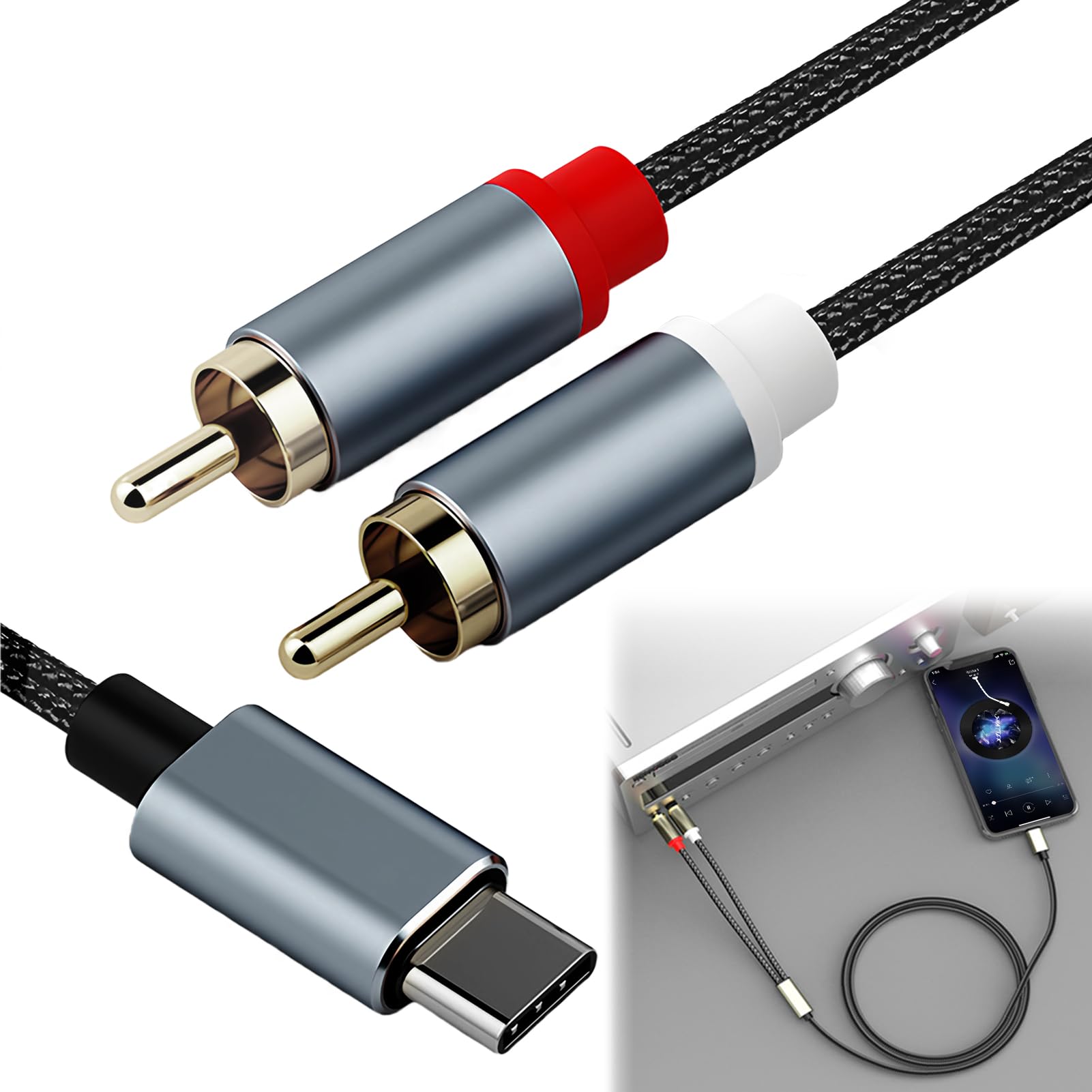 USB Type C to 2 RCA Audio Cable, 1 Meter Type-C to 2RCA Y Splitter Nylon Braided Stereo Cable Phono Red White Audio Lead Amplifier Audio Cord for Phone Tablets Laptop Speaker Turntable Car Theater DVD