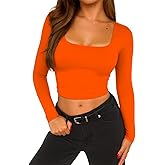 ForeFair Womens Square Neck Long Sleeve Crop Top Basic Going Out Top Tight Shirts Double Lined Tee