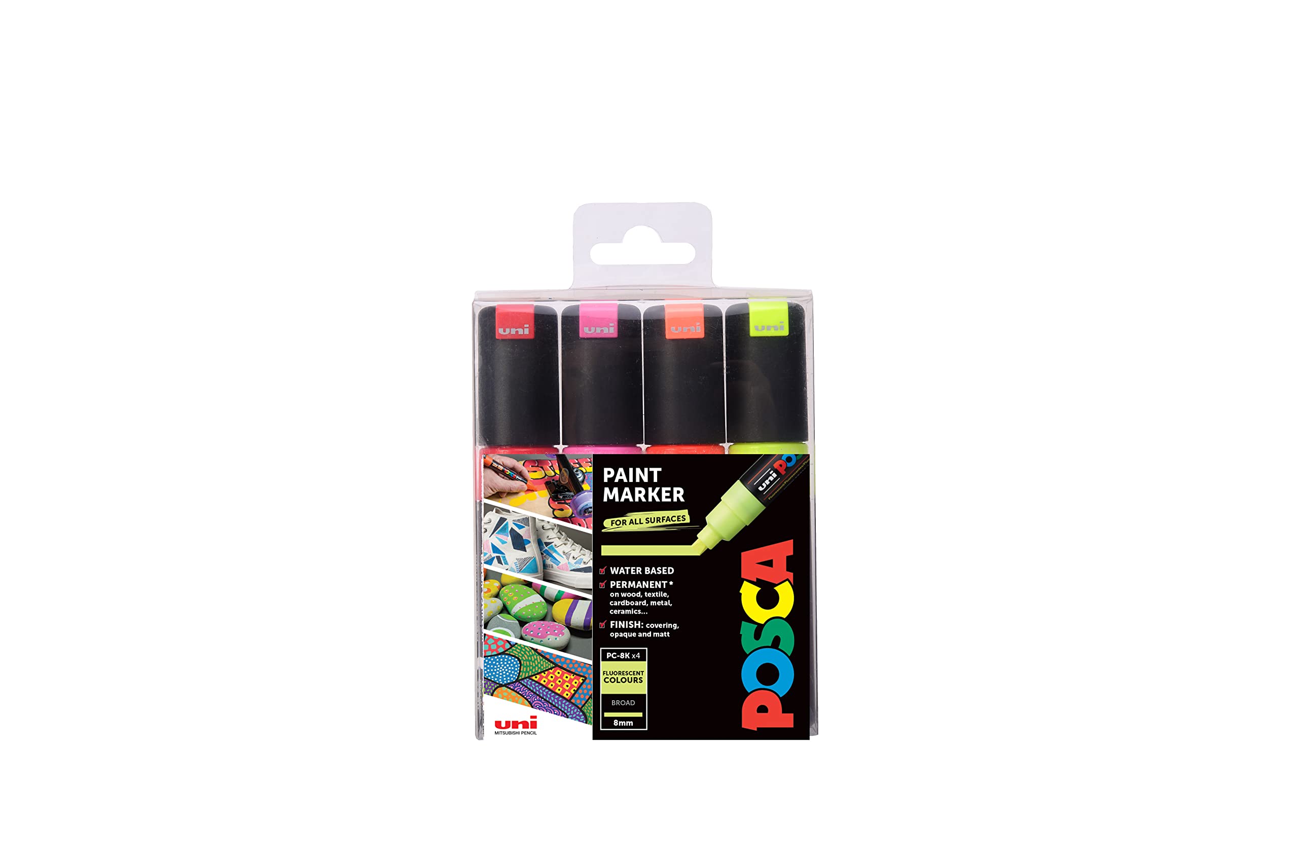 POSCA PC-8K Water Based Permanent Marker Fluorescent Paint Pens. Broad Chisel Tip for Arts and Crafts. Multi Surface Use On Wood Metal Paper Canvas Cardboard Glass Fabric Ceramic Pebble. Set of 4