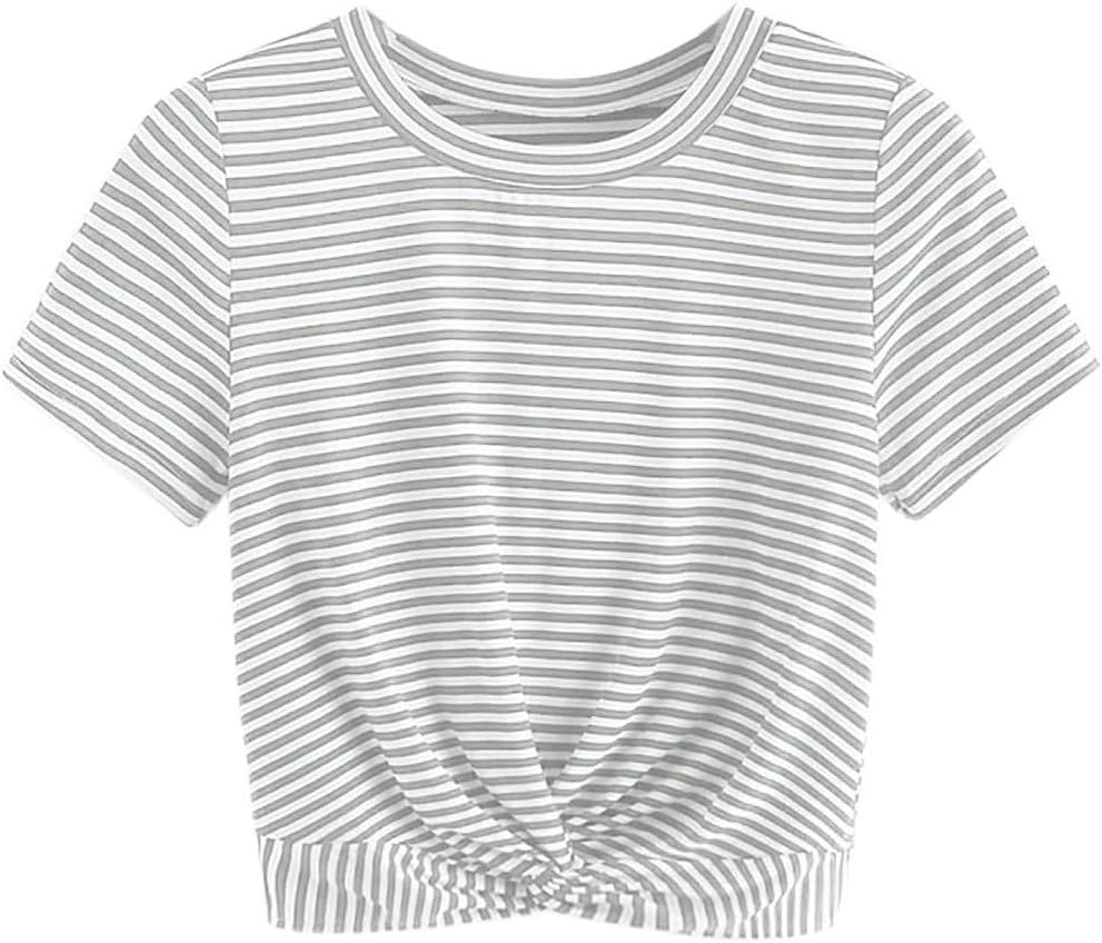 Sanyyanlsy Women's Stripe Twisted Cross Crop Tank Top Vest Blouse Shirt T-Shirt