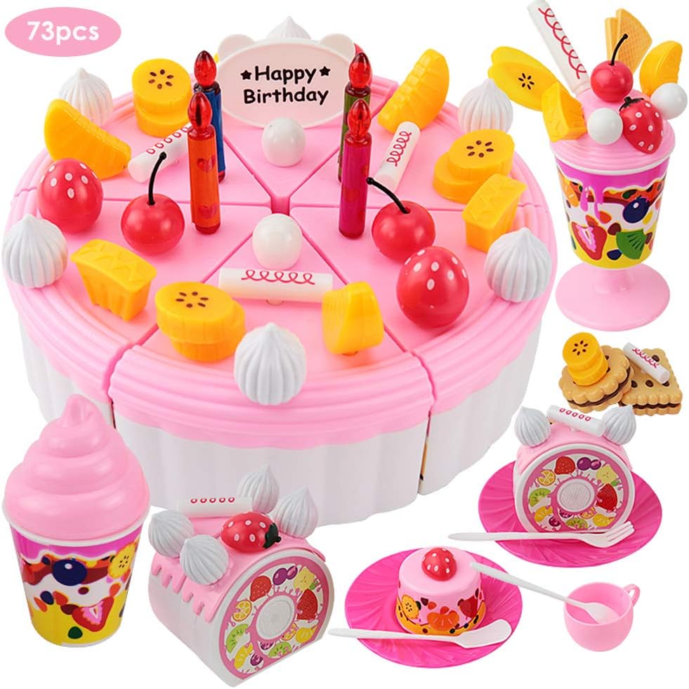 Buyger 73Pcs Birthday Cake Toys Pretend Play Food Ice Cream DIY Cutting Toy with Candles for Kids Girls (Pink)