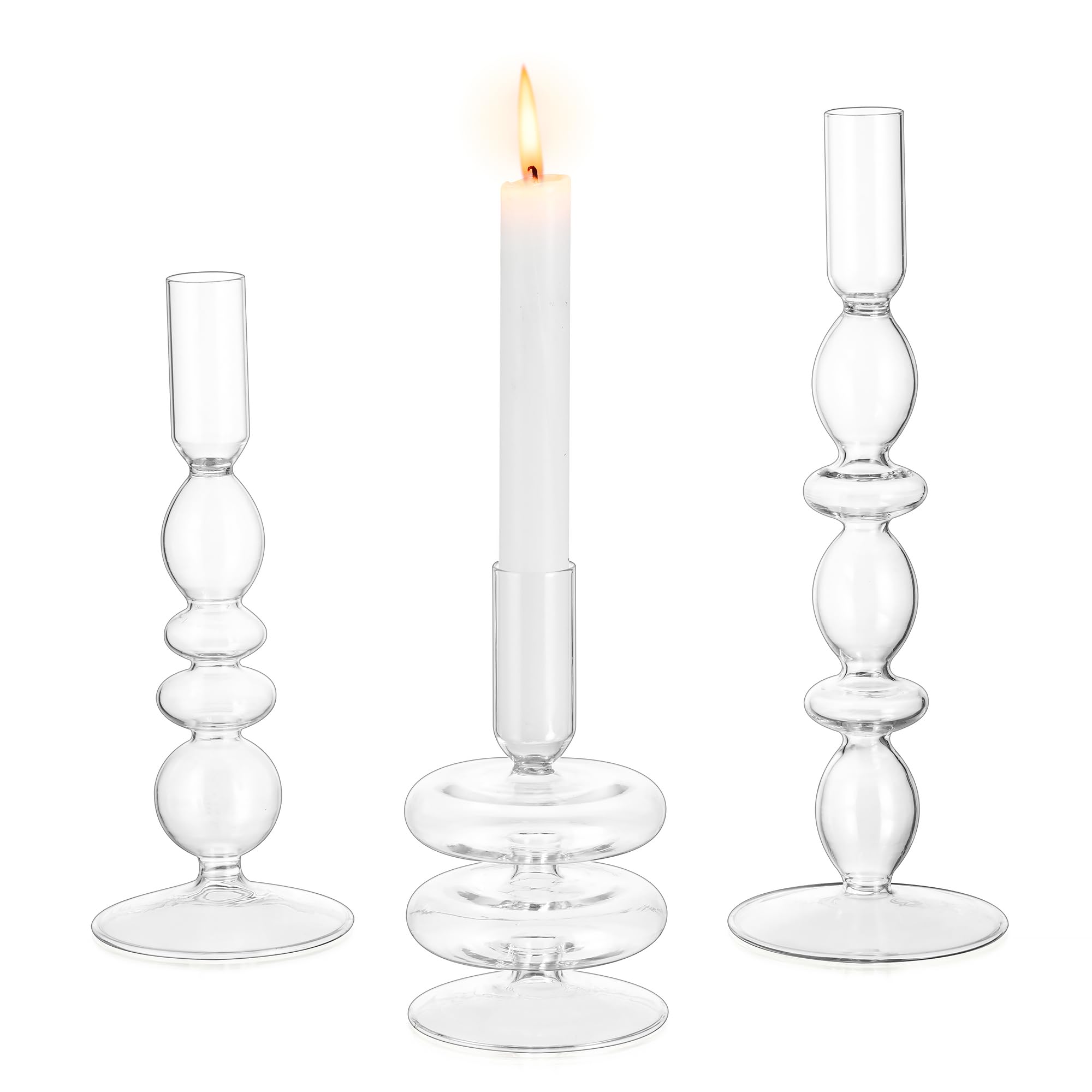 Glasseam Glass Candle Sticks Holder, Clear Candle Holders Set of 3, Chic Candlestick Holders, Decorative Taper Candle Holder for Centrepiece, Christmas Candle Holder for Dinning Table Home Decor