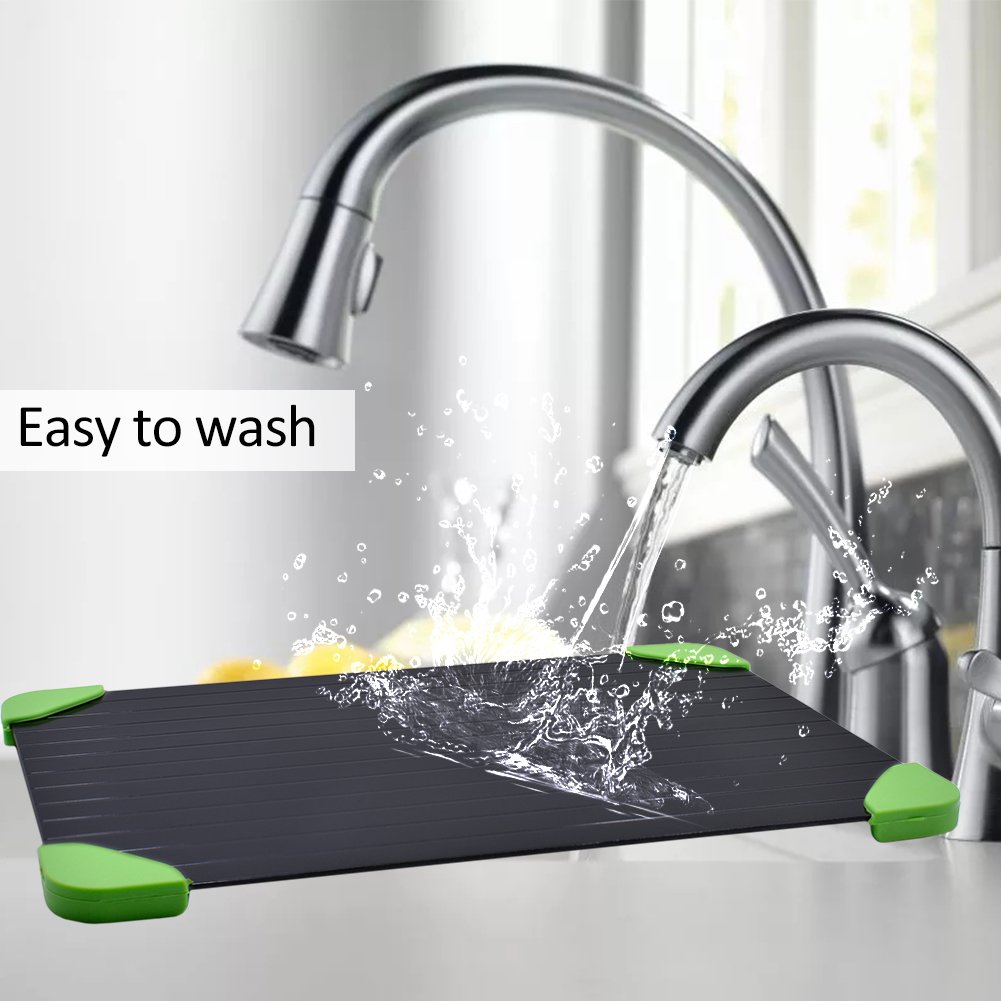 Rapid Defrosting Tray For Fast Thawing Meat Or Frozen Food-Safety, Economic, No Electricity, No Lost Food Flavors, With Green Silicone Border