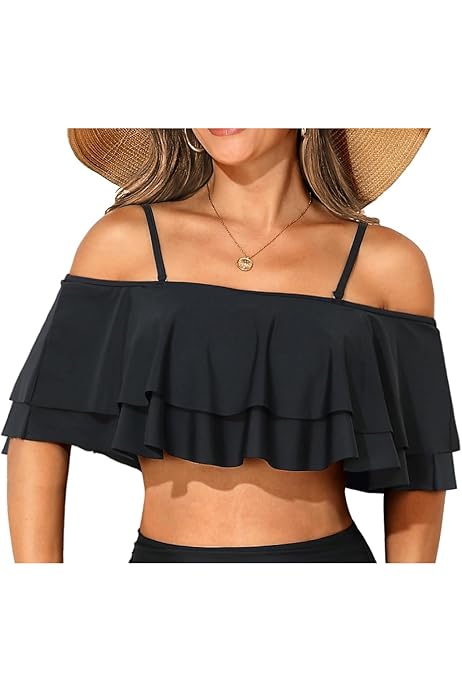 black ruffle swim top