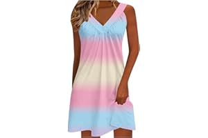 Womens Summer Tank Dress Casual V Neck Sleeveless Sundress Gradient Cover Up Pleated A Line Beach Vacation Dresses