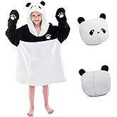 IFNOW Wearable Blanket Hoodie Kids, Oversized Fleece Blanket Sweatshirt Christmas Birthday Gifts for Boys, Girls, Teen Hoodie with Portable Foldable Blanket Pillow, Animal Embroidery 5-15 Years, Panda