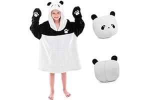 IFNOW Wearable Blanket Hoodie Kids, Oversized Fleece Blanket Sweatshirt Christmas Birthday Gifts for Boys, Girls, Teen Hoodie with Portable Foldable Blanket Pillow, Animal Embroidery 5-15 Years, Panda