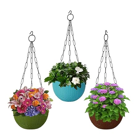 MUCH-MORE Plastic Plant Pot with Hanging Chain | Flower Hanging Pot for Home Gardening (Multicolor Pack of 3 HD-73.1)