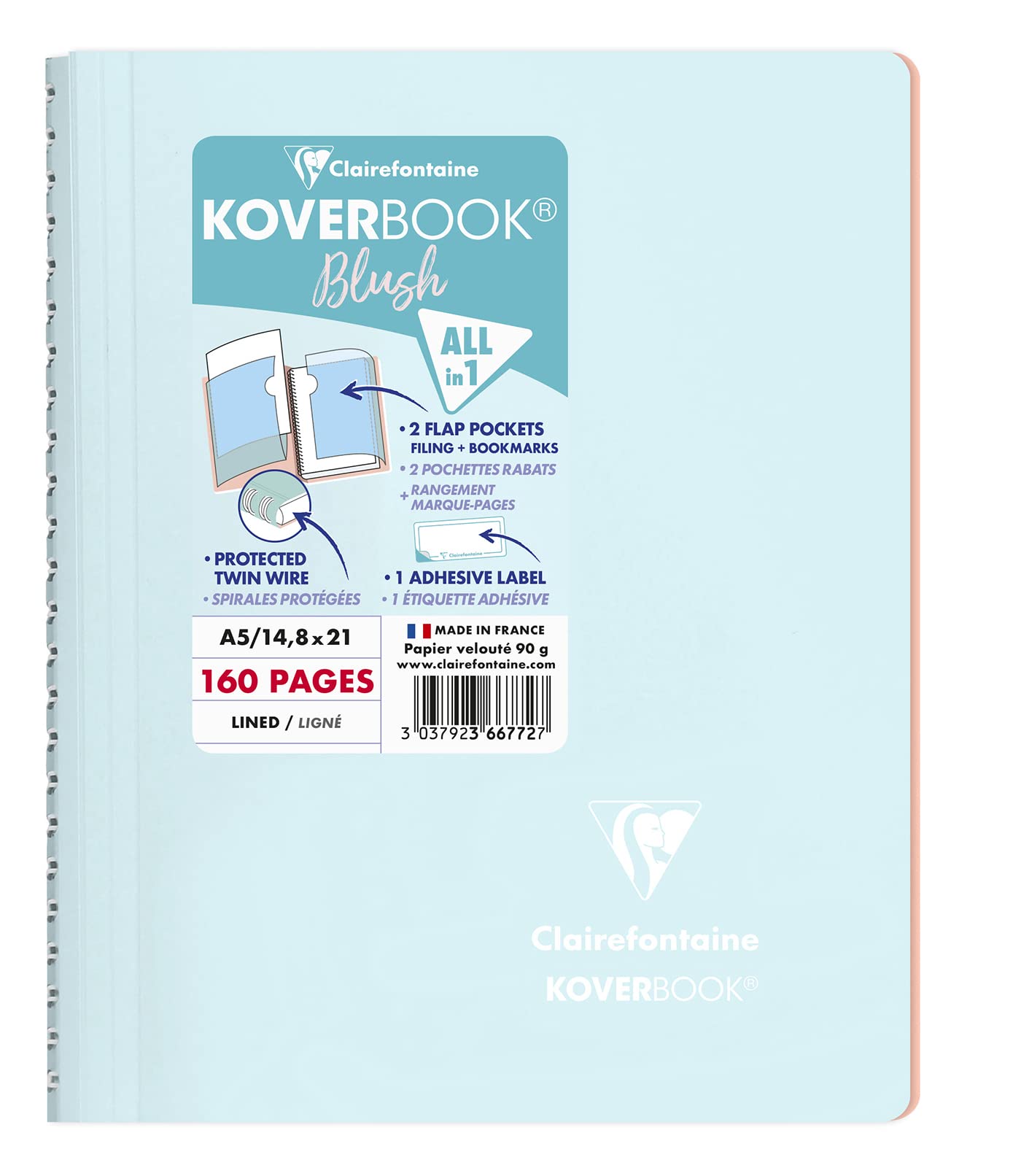 Clairefontaine 366772C - One Spiral Notebook Koverbook Blush Frosted Blue - A5 14,8x21 cm - 160 Lined Pages - Paper White 90 g - Enveloping Polypro Cover