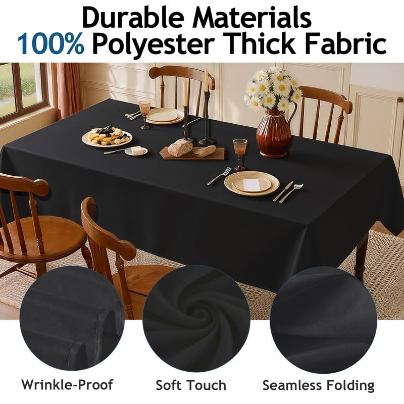 Condition photo showing As Is for lemict rectangle tablecloth 60" x 84", black washable polyester table cloth, wipeable table cover fo
