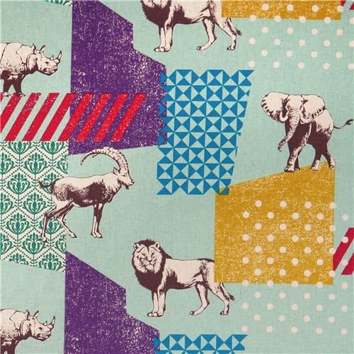 turquoise echino zon canvas laminate fabric pattern safari animals from Japan (per 0.5 yard multiples)
