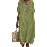 DEPENSL Womens Cotton Linen Midi Dress Summer Beach Casual Dresses V Neck Shift Dress Loose Fit Trapeze Dress