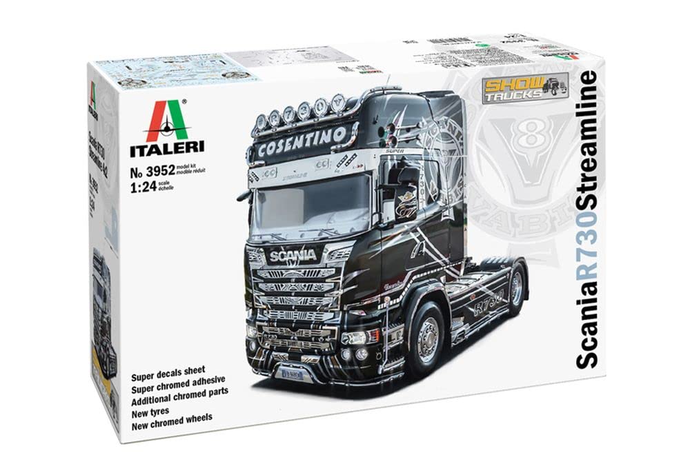 ITALERI 3952S - 1:24 Scania R730 Streamline Show Truck, Model Making, Kit, Stand Model Making, Crafts, Hobby, Gluing, Plastic Kit, Detailed, Unisex Adults, Black