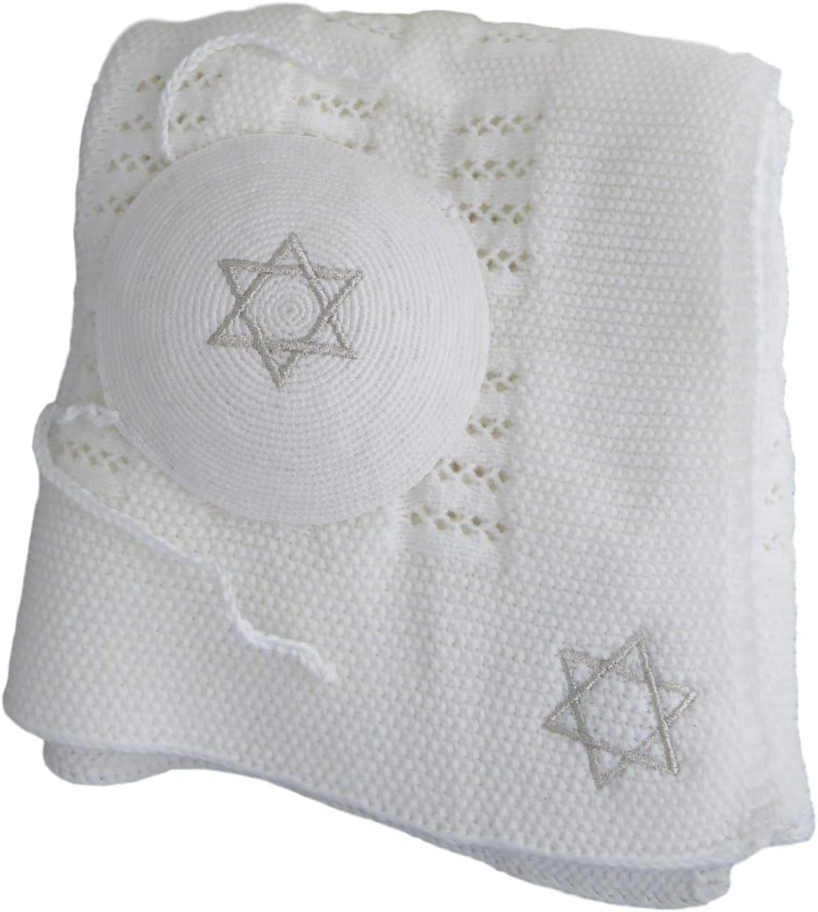 Brit Milah Set - Heirloom Style Blanket with Silver Embroidered Magen David and Matching Yarmulke