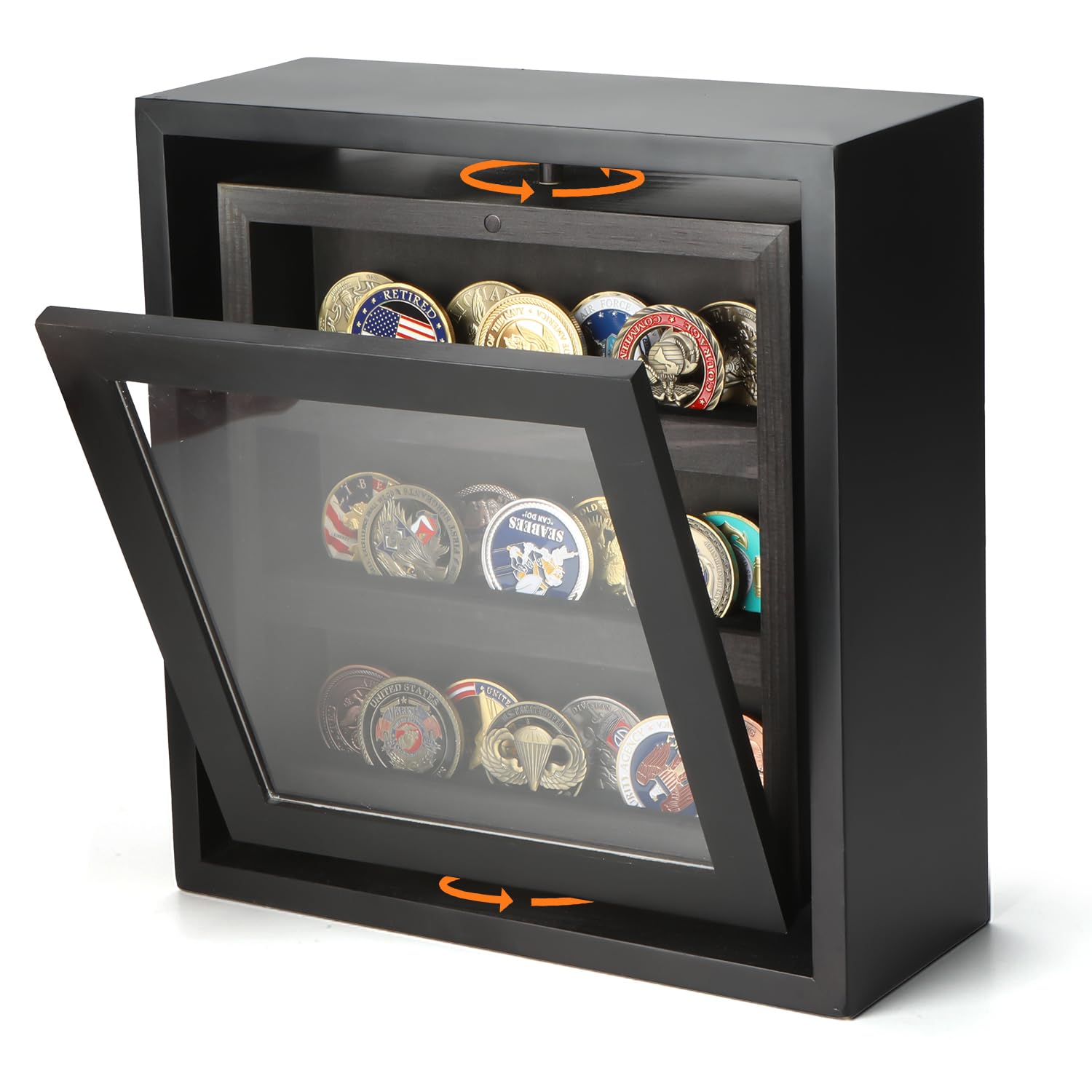 Photo 1 of *Scratches* Challenge Coin Display Holder, Military Coin Holder Display Case with Magnetic Display Door, Double-Sided Rotating Coin Stand Rack with Anti-Slip Velvet Grooves for Honoring Veterans & Collectors