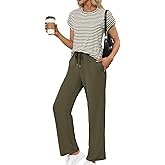 Glamaker Women's 2 Piece Sets Striped Summer Outfits Short Sleeve Shirts Wide Leg Pants Casual Lounge Sweatsuits