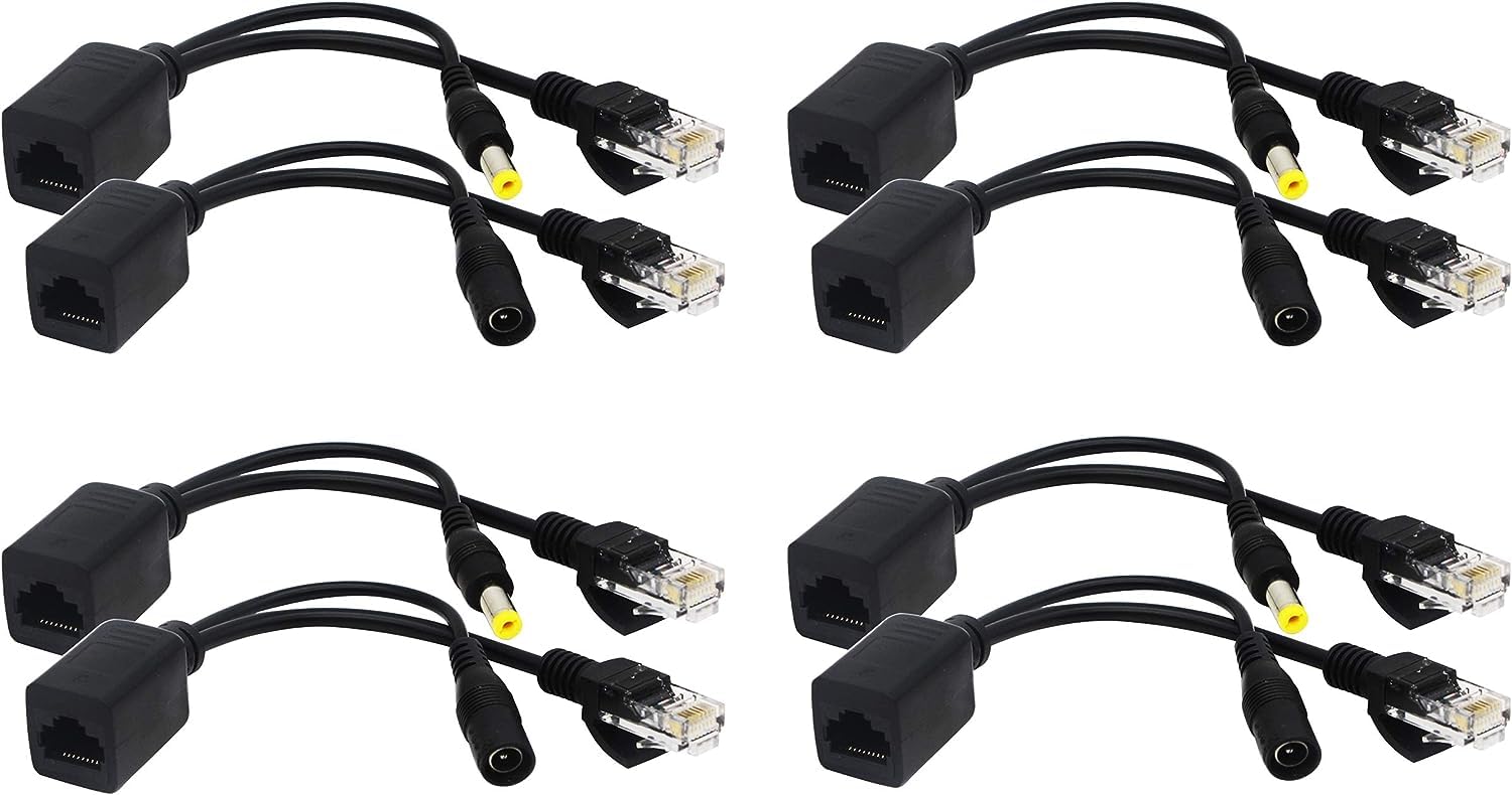 zdyCGTime Passive PoE Injector and PoE Splitter Kit with RJ45 Ethernet and Power via DC 5.5x2.1 mm F/M Adaptor Connector（Black 4 Pairs