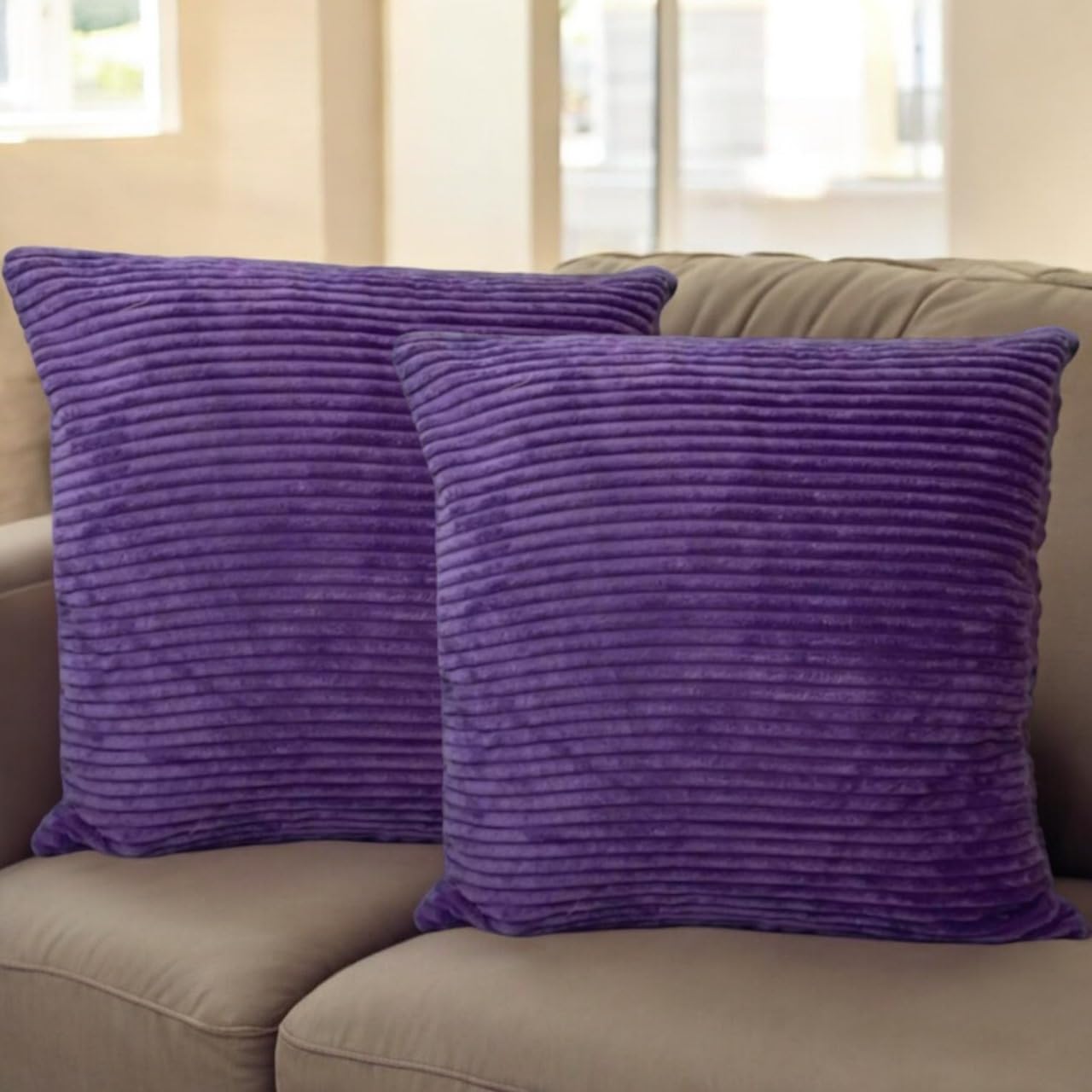 Seechoo Corduroy Cushion Covers, Set of 2, 45 x 45 cm, Striped, with Invisible Zipper, 18 x 18 Inch (Purple)