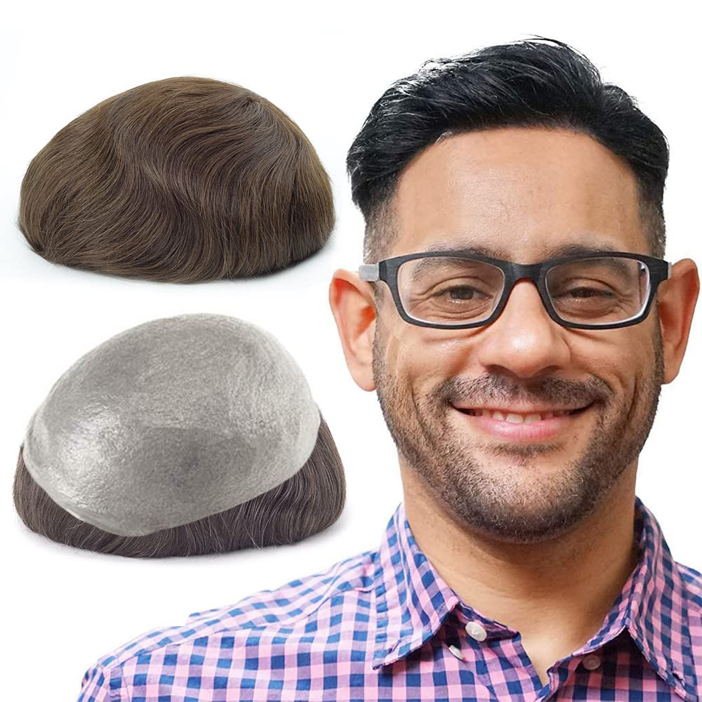 Lordhair Toupee for Men with 100% European human hair 8x10 inch Hairpiece for Men 0.06mm Super Thin Skin Hairsystem All V-looped Mens Toupee (Medium Brown 5#) โ image 1