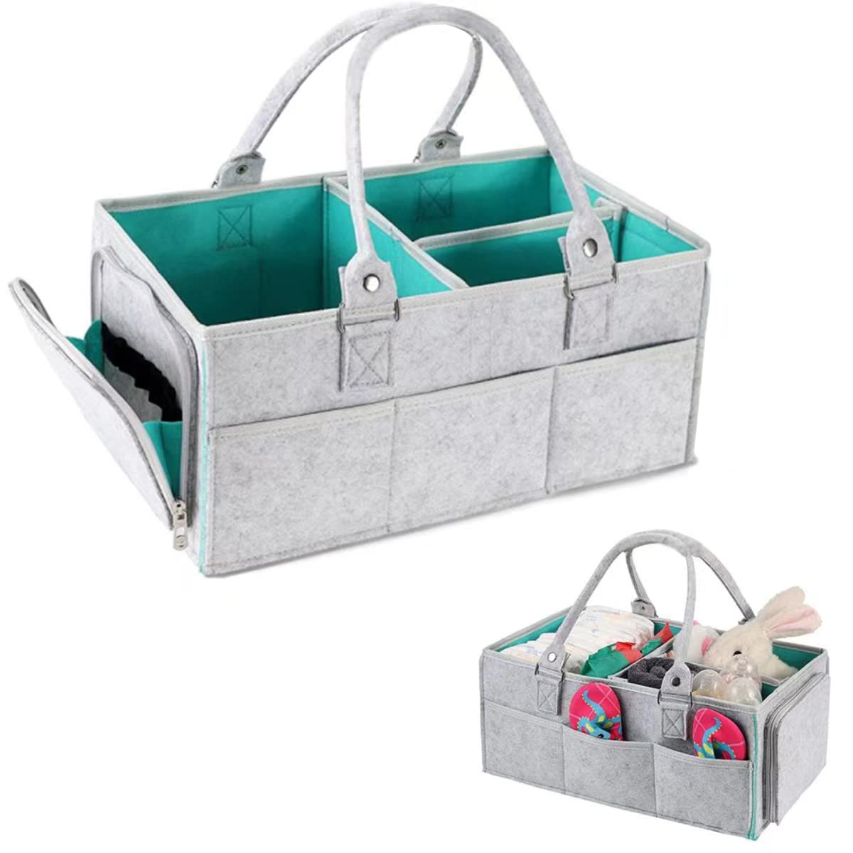 Baby Diaper Caddy Organizer, Foldable Felt Nursery Storage Bag Flexible Compartments Multi Pockets Portable Organiser Bag for Baby Changing Nappy, Wipes, Newborn Shower Toys Bag
