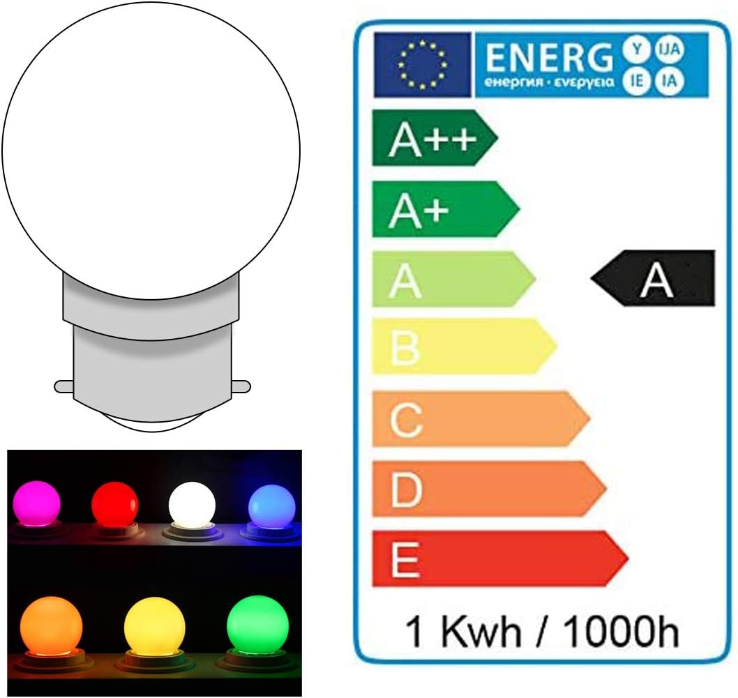MZYOYO 10 Pack B22 Bayonet Coloured LED Light Bulbs,1W G45 Golf Ball Mini Globe Bulb,Red Yellow Blue Green Purple for Outdoor Indoor String Christmas - Image 4