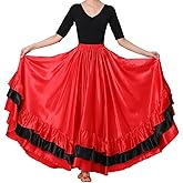 Backgarden Women Black Red Layers Satin Long Skirt for Spanish Flamenco Belly Dance Mexico Ballet Folklorico Performance