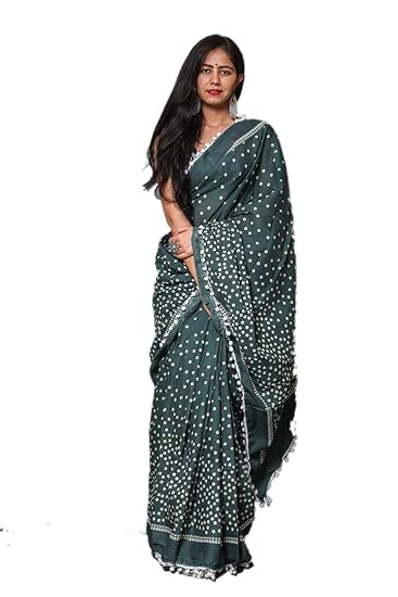 Womens Hand Block Cotton Mulmul Jaipuri Print Saree with Blouse (CT-MUL-PCN-106, Multicolour)