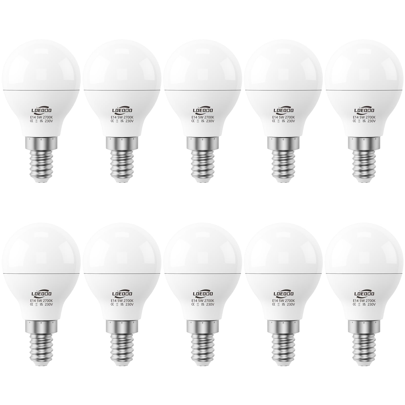 LOEODO E14 LED Bulbs 40W Equivalent, 5W Screw Light Bulb, 470 Lumens, 2700K Warm White, Golf Ball Bulbs, Non-Dimmable, Pack of 10
