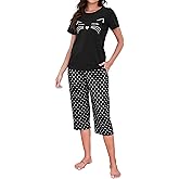 TeJoyce Womens Capri Pajama Sets Summer Cotton Short Sleeve and Capri Pants 2 Piece Loungewear Sleepwear Soft Cat Print Pjs