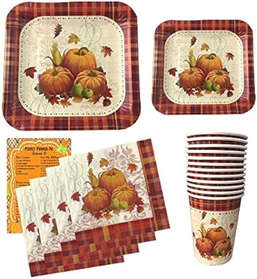 Amazon Com Thanksgiving Disposable Dinnerware Set For Your Holiday Party Pumpkin Harvest Dinner Plates Dessert Plates Cups Napkins And Pumpkin Pie Recipe Serves 10 Health Personal Care
