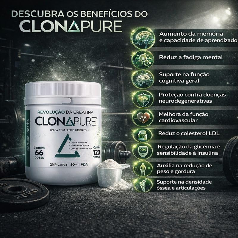 Clonapure® Creatina de Efeito Imediato 120g | 66 Doses | Alta Absorção | Vegana | Sem Glúten e Lactose Performace Treinos
