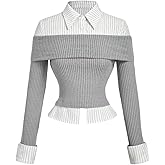 MakeMeChic Women's Fall Teacher Outfits Striped Long Sleeve 2 in 1 Retro Blouse Collared Shirt