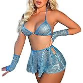 SIQITECHNO Womens Shiny Sequin Rave Outfits See Through Halter Bra Top Mini Skirt Lingerie Set Glitter Hologram Clubwear