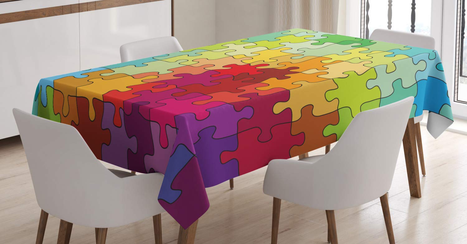 ABAKUHAUS Abstract Tablecloth, Colorful Puzzle Pieces Fractal Children Hobby Activity Leisure Toys Cartoon Image, Dining Room Kitchen Table Cover, 54" x 78", Green Red Yellow — image 1