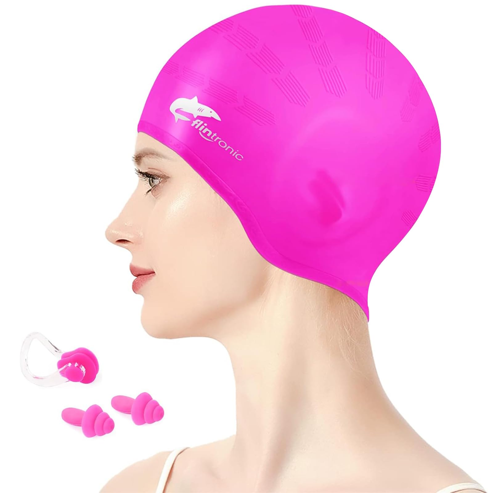 Flintronic Swimming Caps Silicone Cover Ears,Adult Unisex Swim Hat for Long Hair, Hypoallergenic Waterproof Swimming Caps for Kids, Men, Women - Rose Red