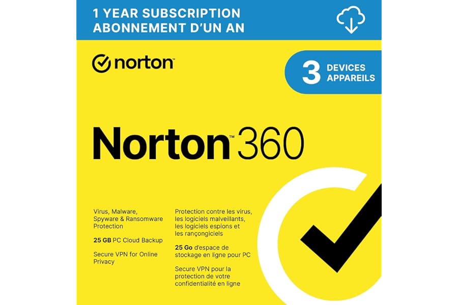 Norton 360 2025, Antivirus software for 3 Devices, 1-Year Subscription - Includes VPN, Password Manager and PC Cloud Backup [