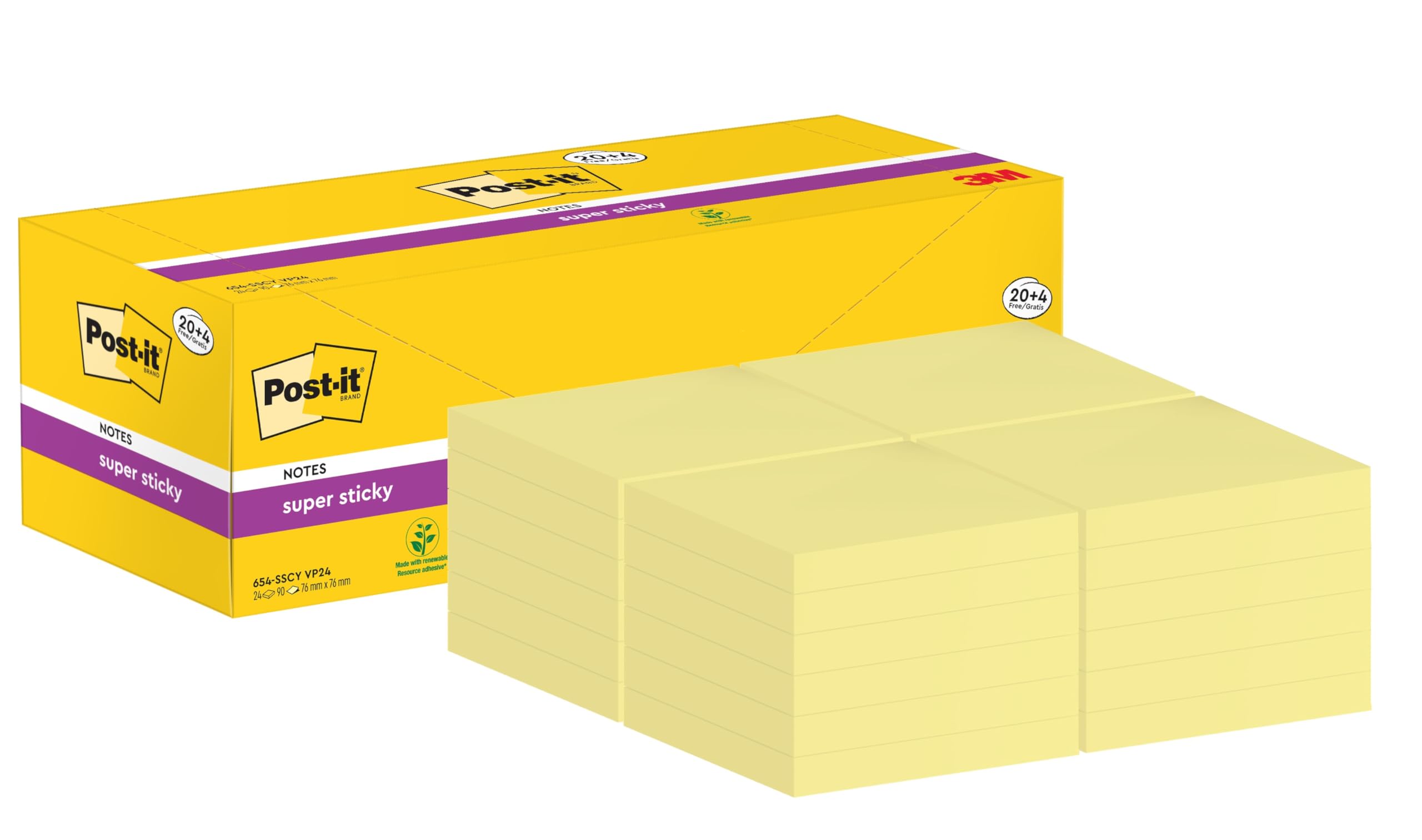 Post-it Super Sticky Notes, 2160 Sheets, Value Pack 20 + 4 Free Pads, 76 mm x 76 mm - Holds Strong to Many Surfaces - Canary Yellow - for Walls, Monitors and Fridge, Recycable