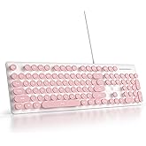 Mosptnspg Wired Quiet Membrane Keyboard,Full Size 104-Keys Retro Punk Typewriter White LED Backlit ，USB Ultra Slim Gaming Keyboard with ABS Round keycaps for Windows/PC/Laptop (Pink)