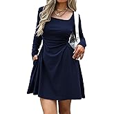 Mieazom Women's Square Neck Long Sleeve Mini Dress Ruched Waist Corset Fall Dresses Slim-Fit with Pockets