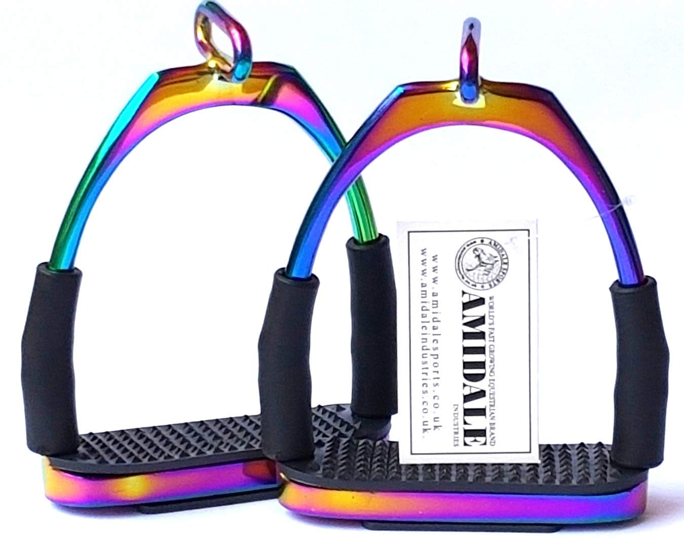AMIDALE RAINBOW OFFSET EYE FLEXI SAFETY STIRRUPS OPTIMUM LEG POSITION HORSE RIDING IRONS STAINLESS STEEL 4.75" BNWT