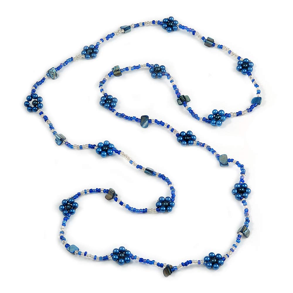 Avalaya Long Blue/Transparent Glass Bead Shell Nugget Floral Necklace/ 132cm L