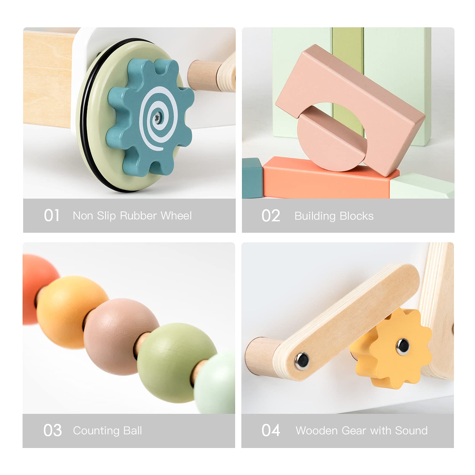 ROBUD Wooden Baby Push Walker for Boy Girls, Baby Learning Walking Toys, with Wooden Building Block Burlywood WG189