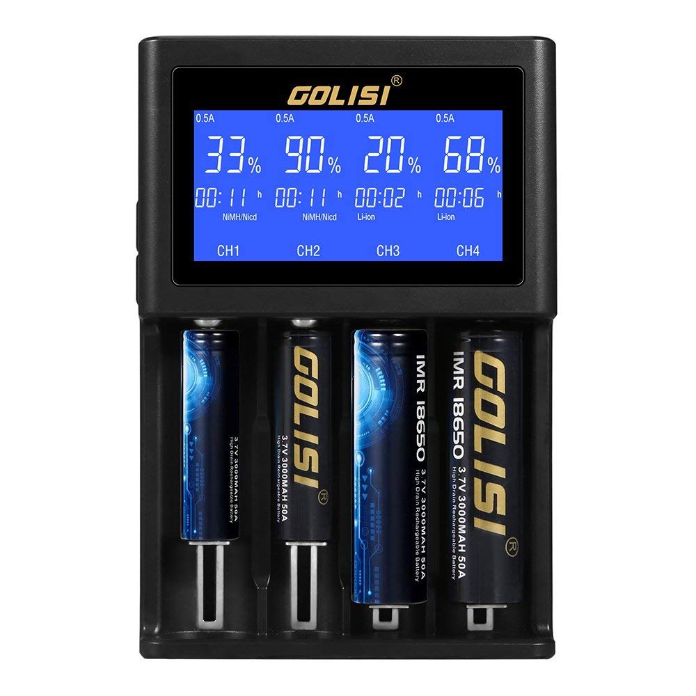 Golisi. Battery Charger for 26650 22650 18490 18350 17670 17500 16340 14500 10440 Li-ion Batteries,with Large LCD Screen, Universal Smart Speedy Wall Charger (4 slot)