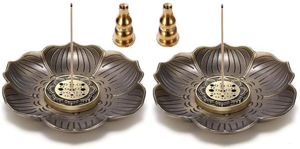 2Pcs Incense Burner Plate, Lotus Incense Holders with Bracket for Stick Incense, Cone Incense (03A Bronze)