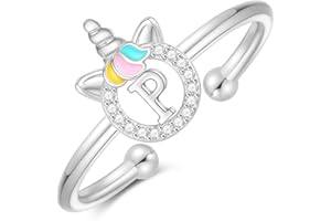 CIVOKINA Stackable Initial Unicorn Rings for Girls Gifts, 14K Gold Plated/Rose Gold/Silver Unicorn Rings for Girls Cute Initial Toddler Ring Hypoallergenic Adjustable Letter Rings for Teen Girls Kids Rings